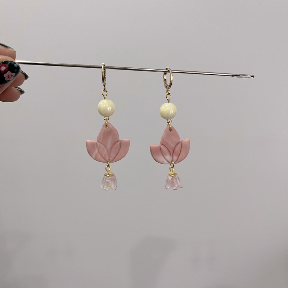 Pink flower bead and clay earrings